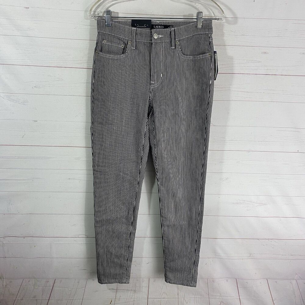 Lauren Ralph Lauren Womens Striped Stretch Skinny Ankle Jeans Sz 4 Black New
